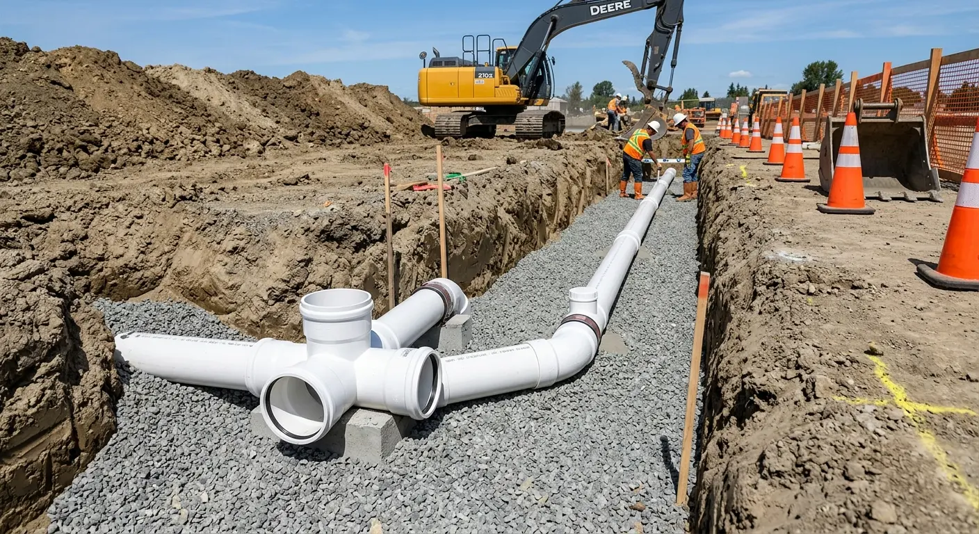 New PVC sewer pipe installation in open trench for Sewer Backup in Hatboro