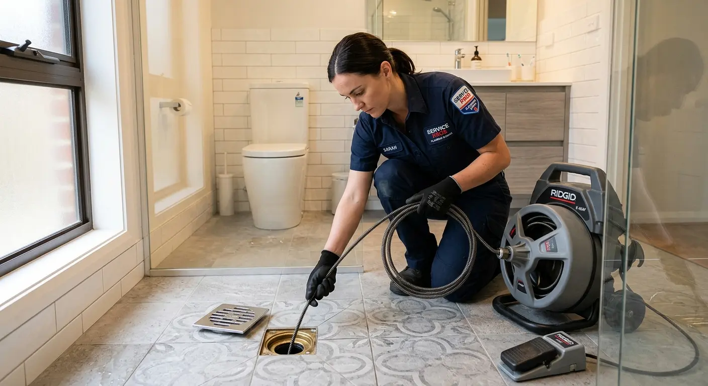 Technician clearing a bathroom floor drain for Sewer Line Installation in Hatboro